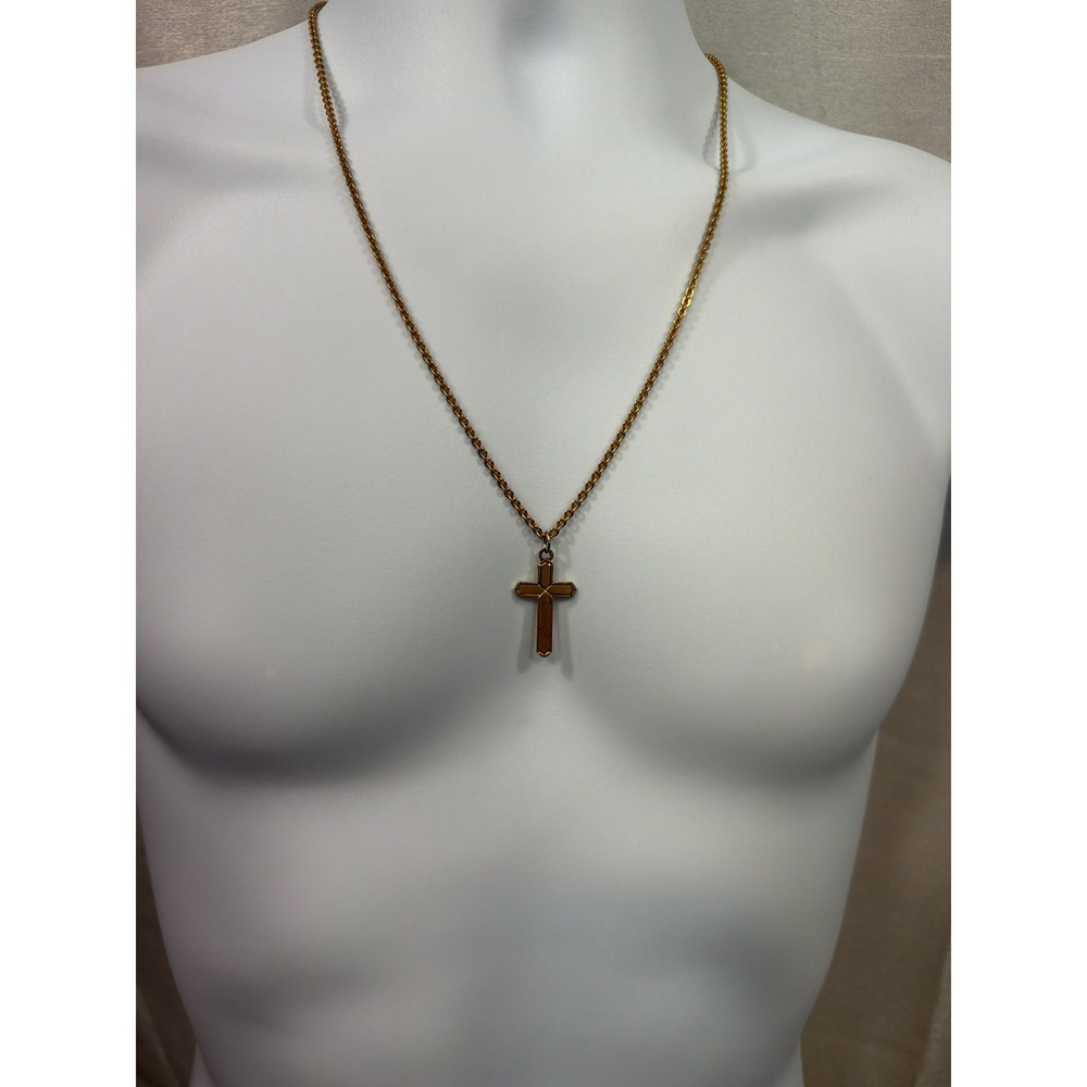 Mens Gold Tone Beveled Cross Pendant Necklace 24 Inch Cable Chain